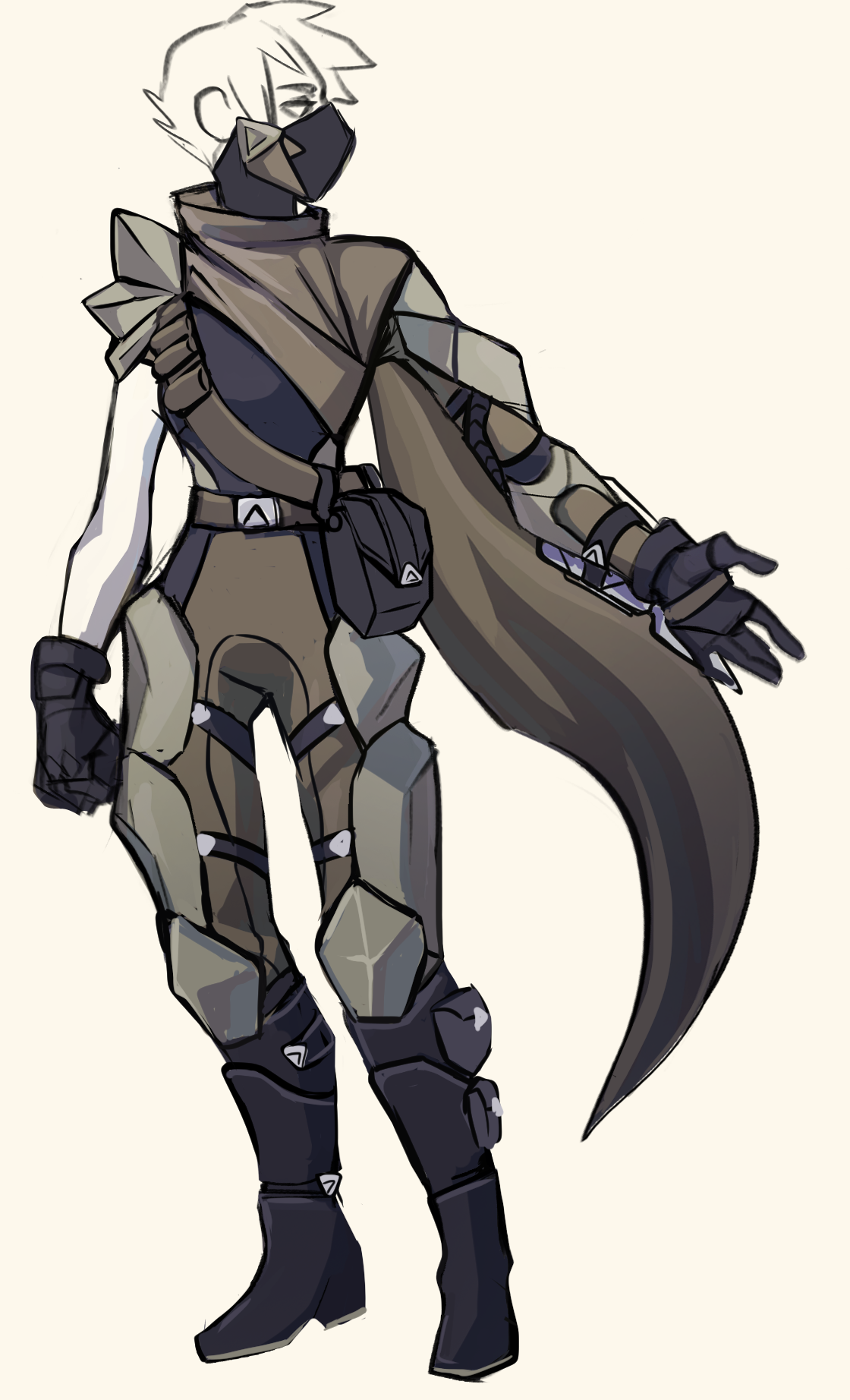 This design was a military type, but somewhat scavenged (the asymmetric cloak/scarf), a kind of mid-to-high tier outfit. Practical.